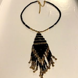 Black Crystal Choker With Faceted Crystal and Bead Tassel - NEW